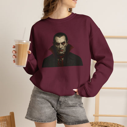 Black vampire portrait crewneck sweatshirt by Printify featuring a detailed vampire face graphic on the front.