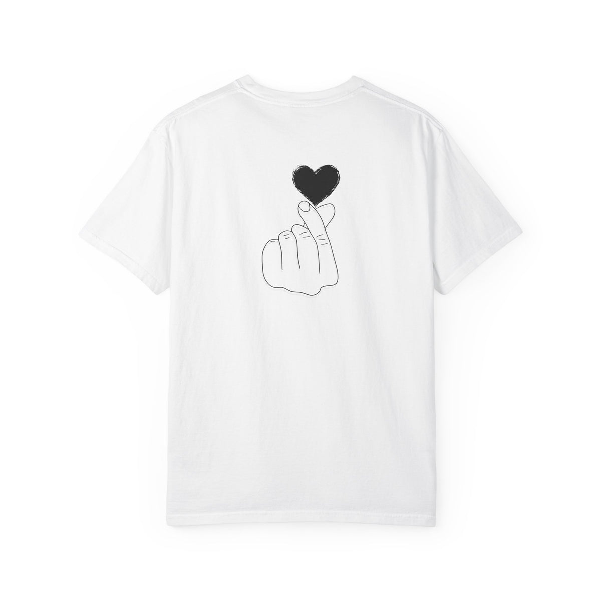 Black T-shirt with minimal white finger heart graphic, casual style, by Printify, featuring a simple heart design on the front.