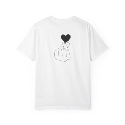 Black T-shirt with minimal white finger heart graphic, casual style, by Printify, featuring a simple heart design on the front.