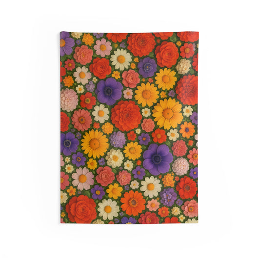 Colorful floral retro bloom tapestry featuring vintage flower design, perfect as a wall hanging for vibrant home decor.