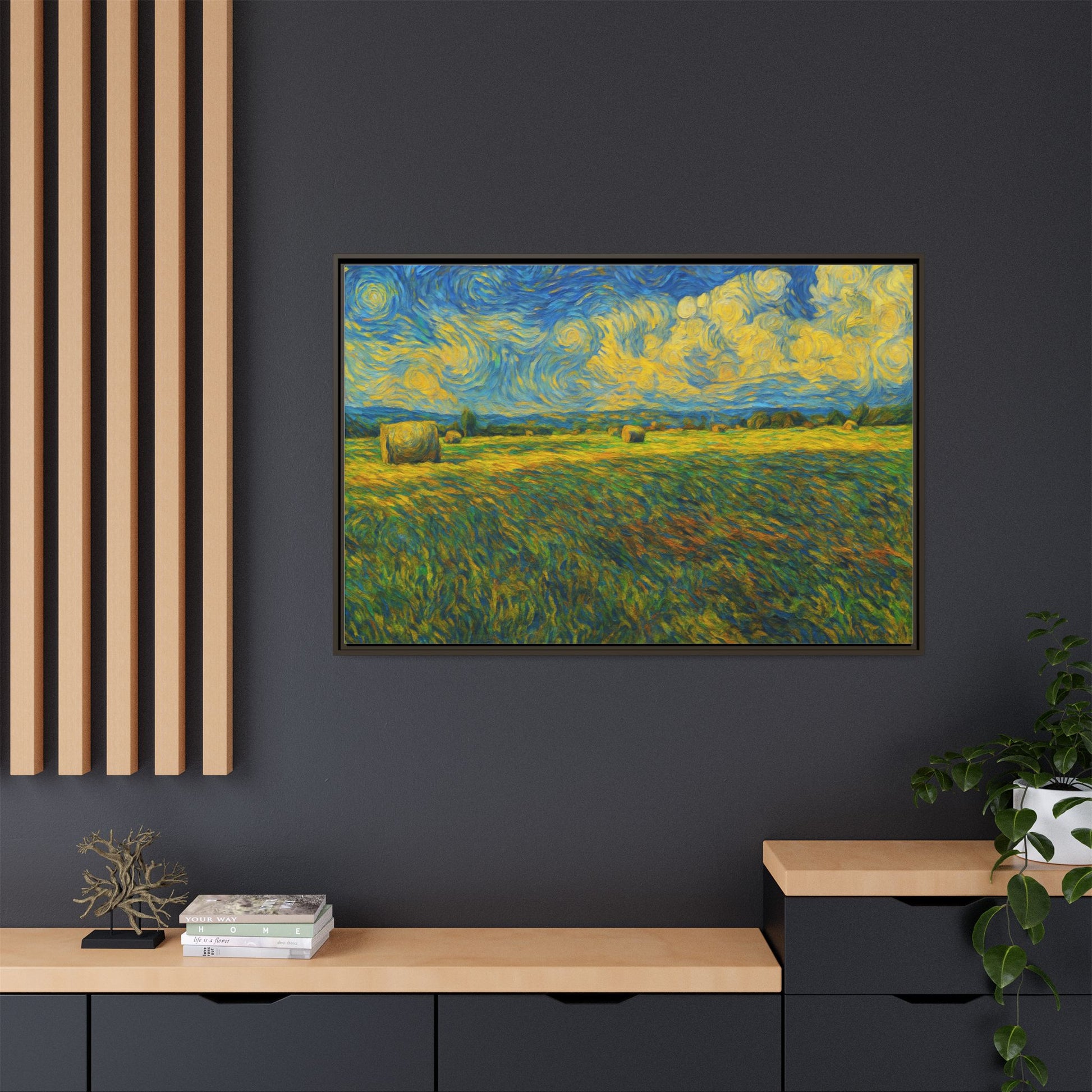 Framed multi-color landscape matte canvas print by Printify showcasing a vibrant scenic artwork on high-quality canvas.