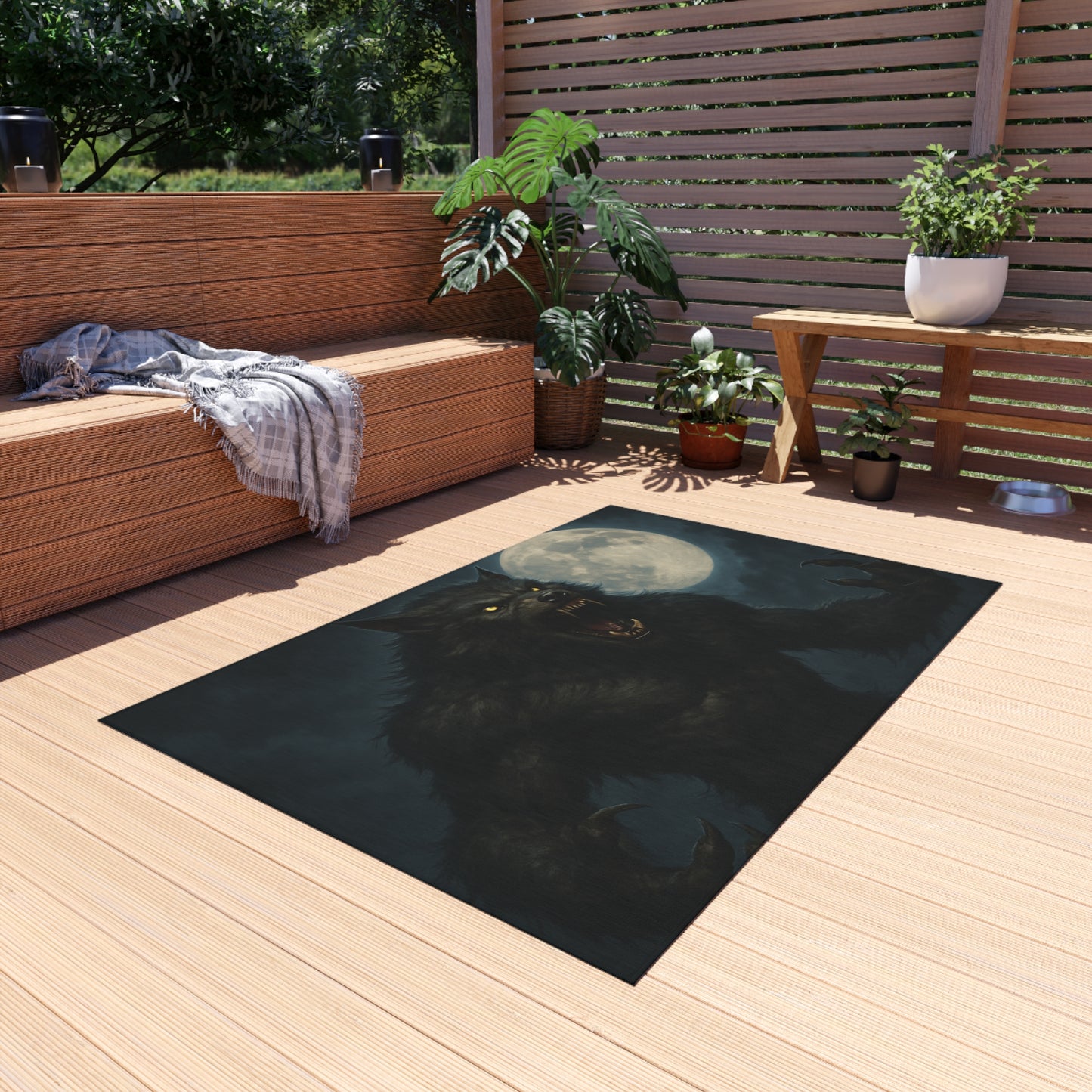 Werewolf Moon outdoor rug featuring a spooky full moon design, perfect for horror-themed patios and outdoor decor.