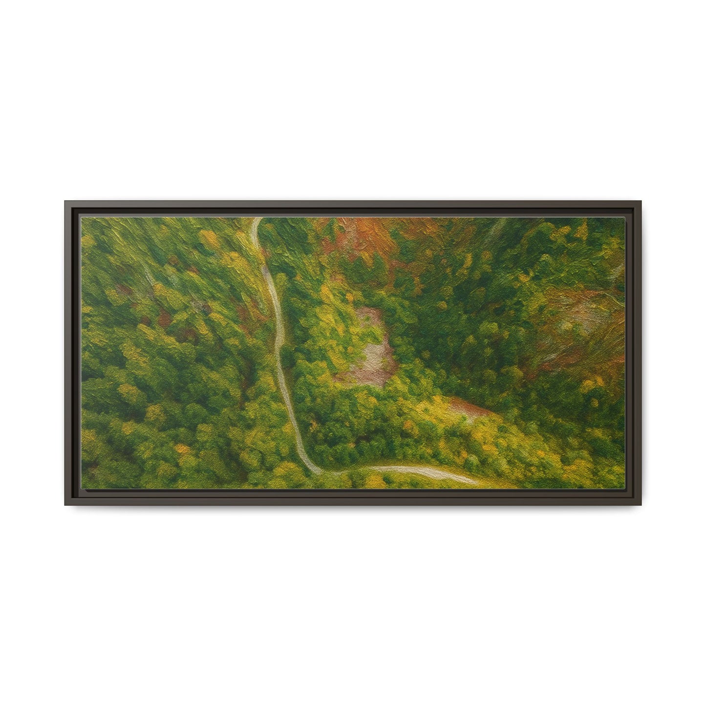 Multi-color framed matte canvas wall art featuring an aerial view of a forest path landscape by Printify.