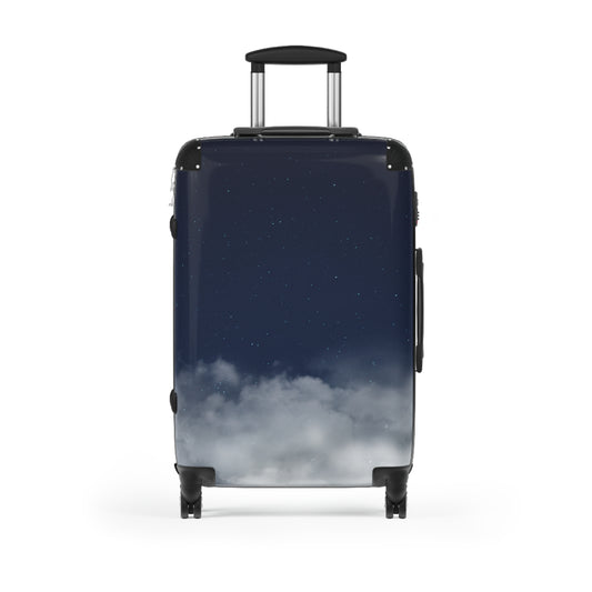 Skyline Carry-On Suitcase by Printify featuring a starry night and cloud print travel luggage with durable bag design.