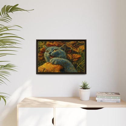 Blue cat canvas print featuring whimsical wall art, perfect gift for cat lovers, by Printify.