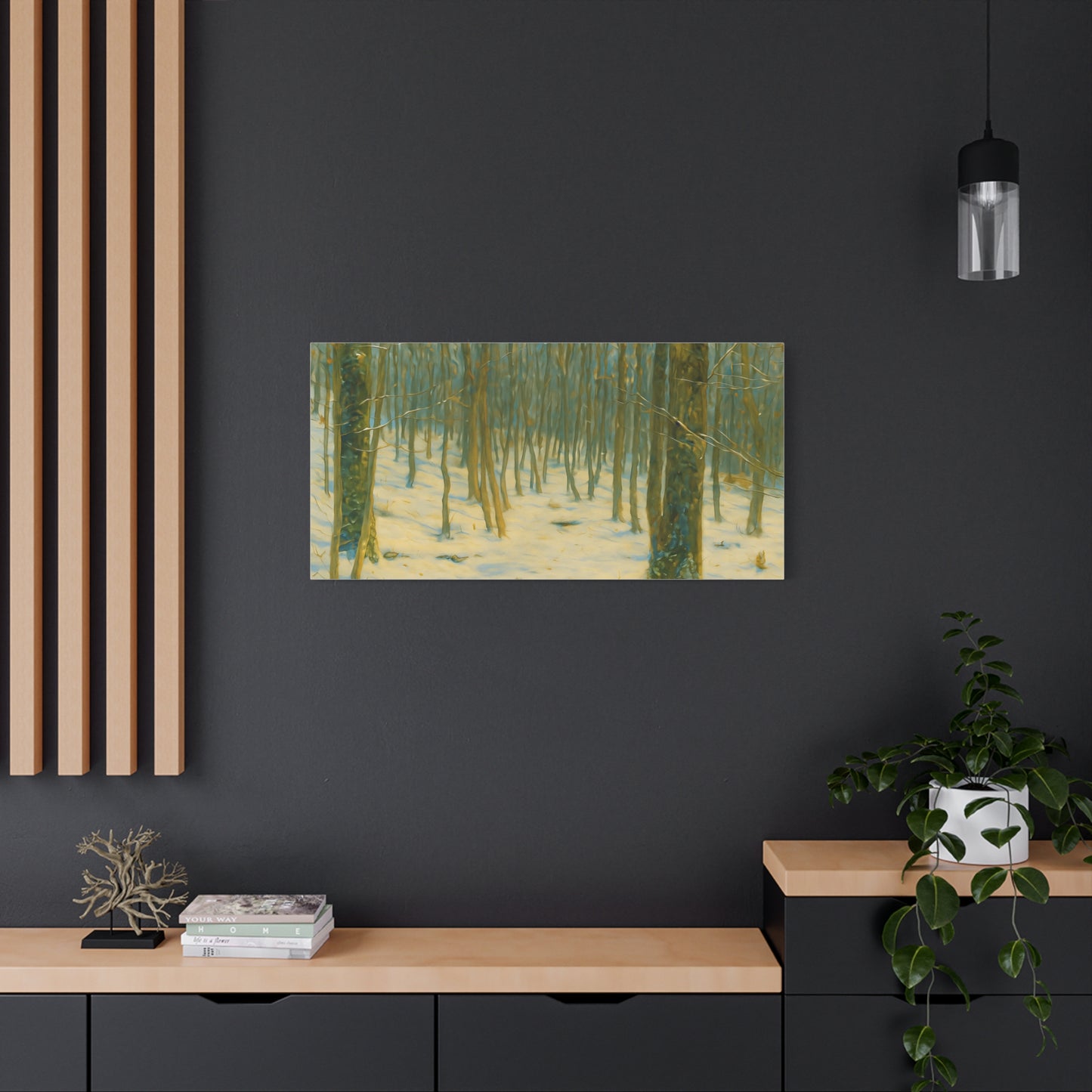 Snowy winter forest canvas print by Printify, featuring a matte finish and detailed snowy trees in a winter landscape.