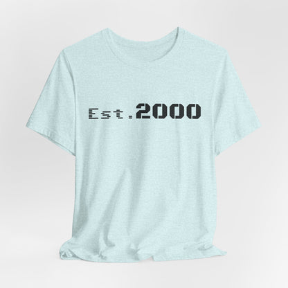 Retro pixel design T-shirt for 2000 born individuals, featuring "Est. 2000" text on a stylish Printify T-shirt.