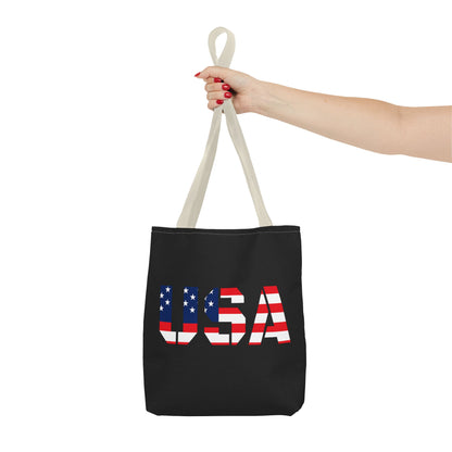 Patriotic USA flag tote bag by Printify, reusable summer carryall with American flag design, perfect for 4th of July celebrations.