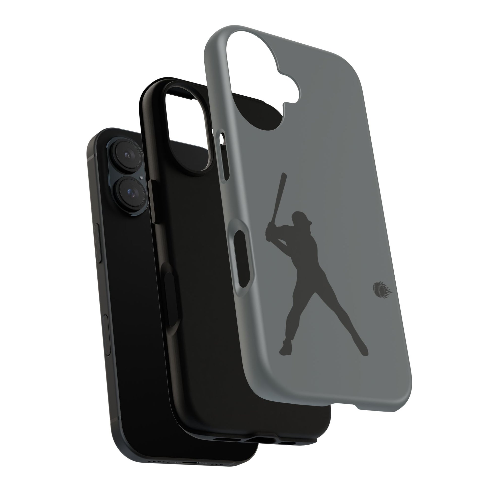 Black baseball silhouette tough phone case for iPhone, protective sporty design by Printify shown on a smartphone.
