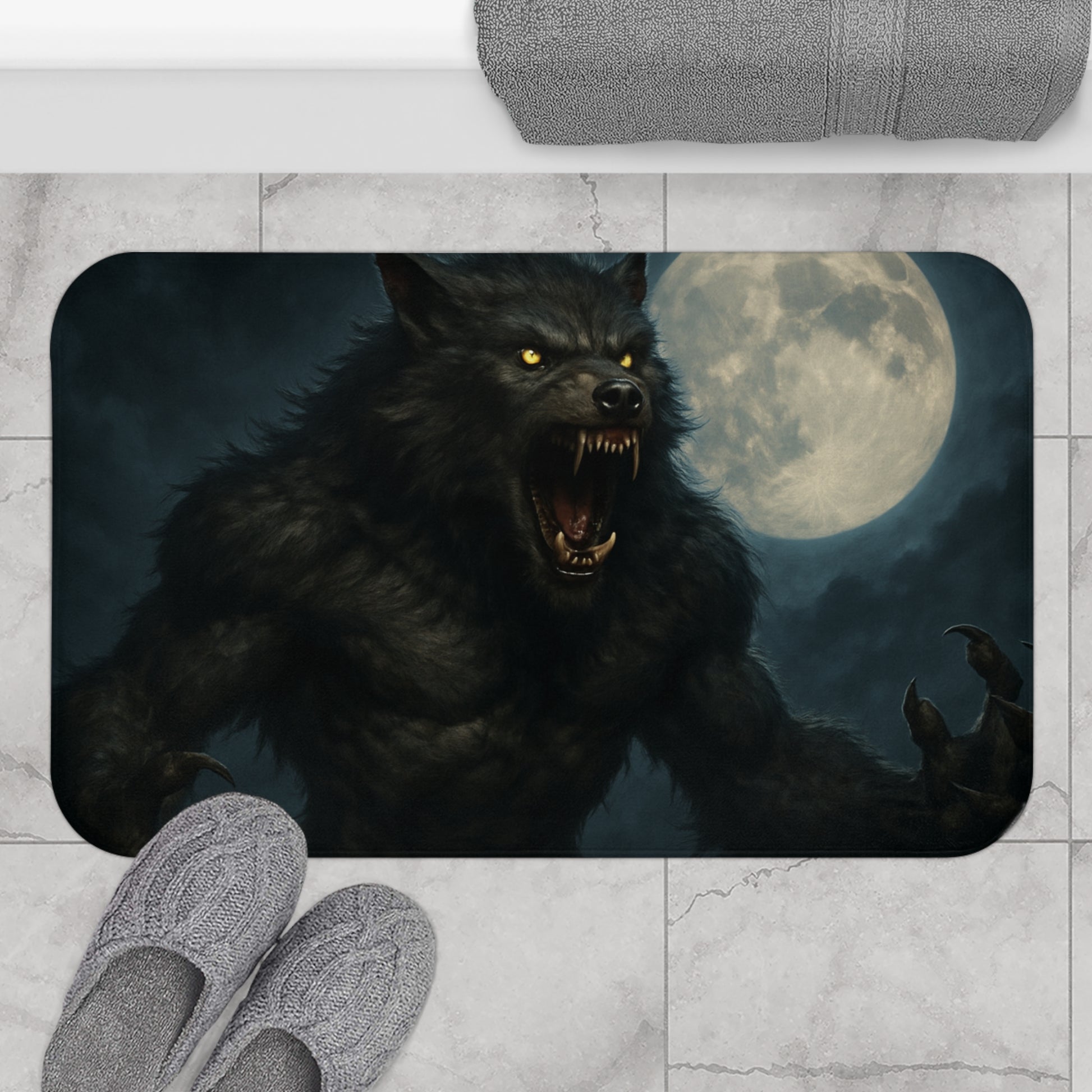 Werewolf Bath Mat, Unique Bathroom Decor, Halloween Home Accents, Gift for Wolf Lovers, Spooky Cozy Mat - TRV