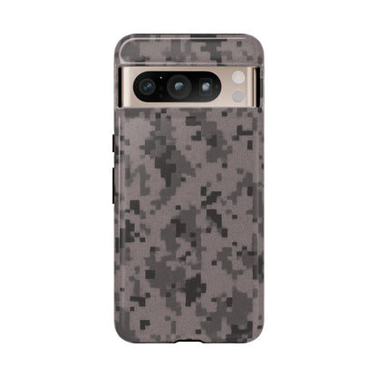 Gray digital camouflage phone case by Printify, tough protective cover for smartphones with a military-inspired camo design.