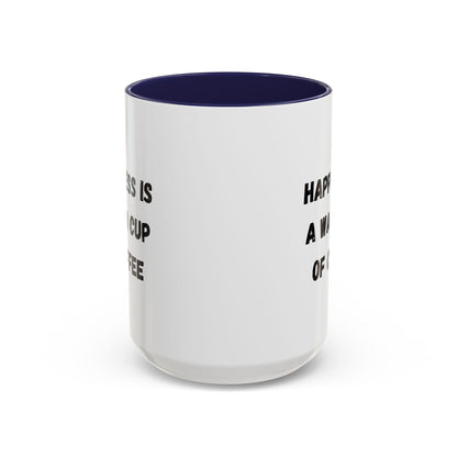 Ceramic coffee mug with "Happiness Is A Warm Cup Of Coffee" quote in black text on white background, printed by Printify.