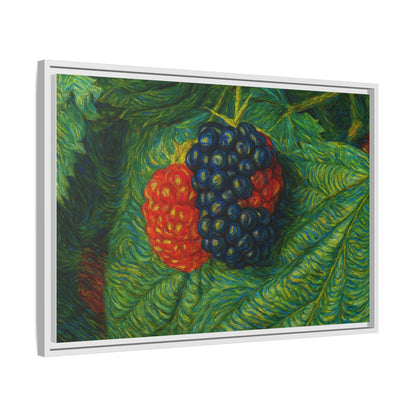Blackberry still life framed canvas print by Printify, featuring realistic blackberries in a decorative wall art piece.