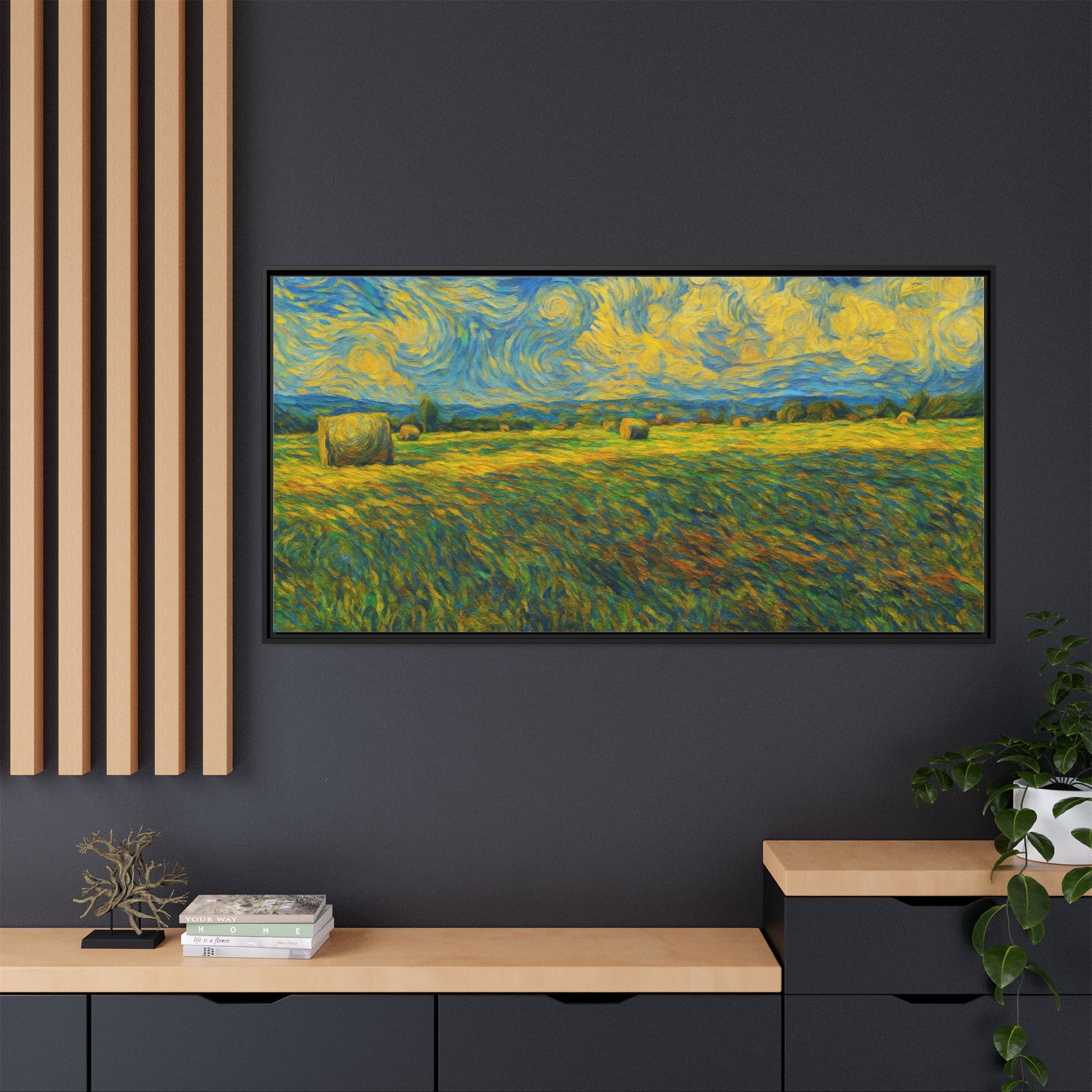 Framed multi-color landscape matte canvas print by Printify showcasing a vibrant scenic artwork.