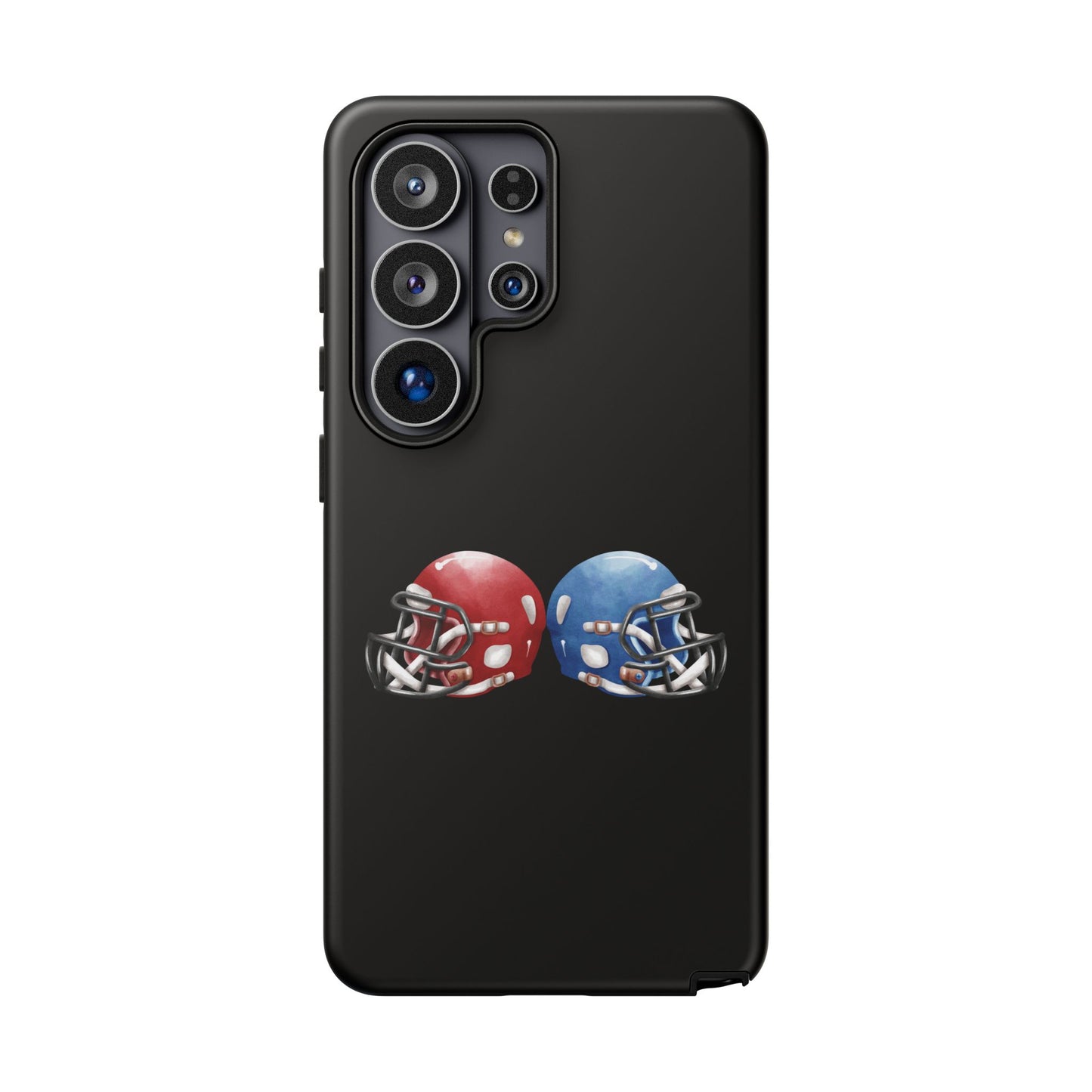 Red and blue football helmet tough phone case for iPhone, durable protective cover with bold sports design.