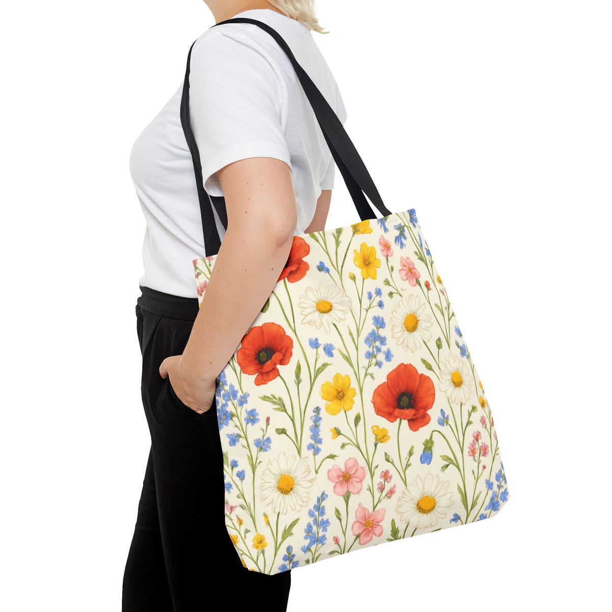 Wildflower Poppy print tote bag by Printify featuring a vibrant floral all-over pattern on durable fabric.