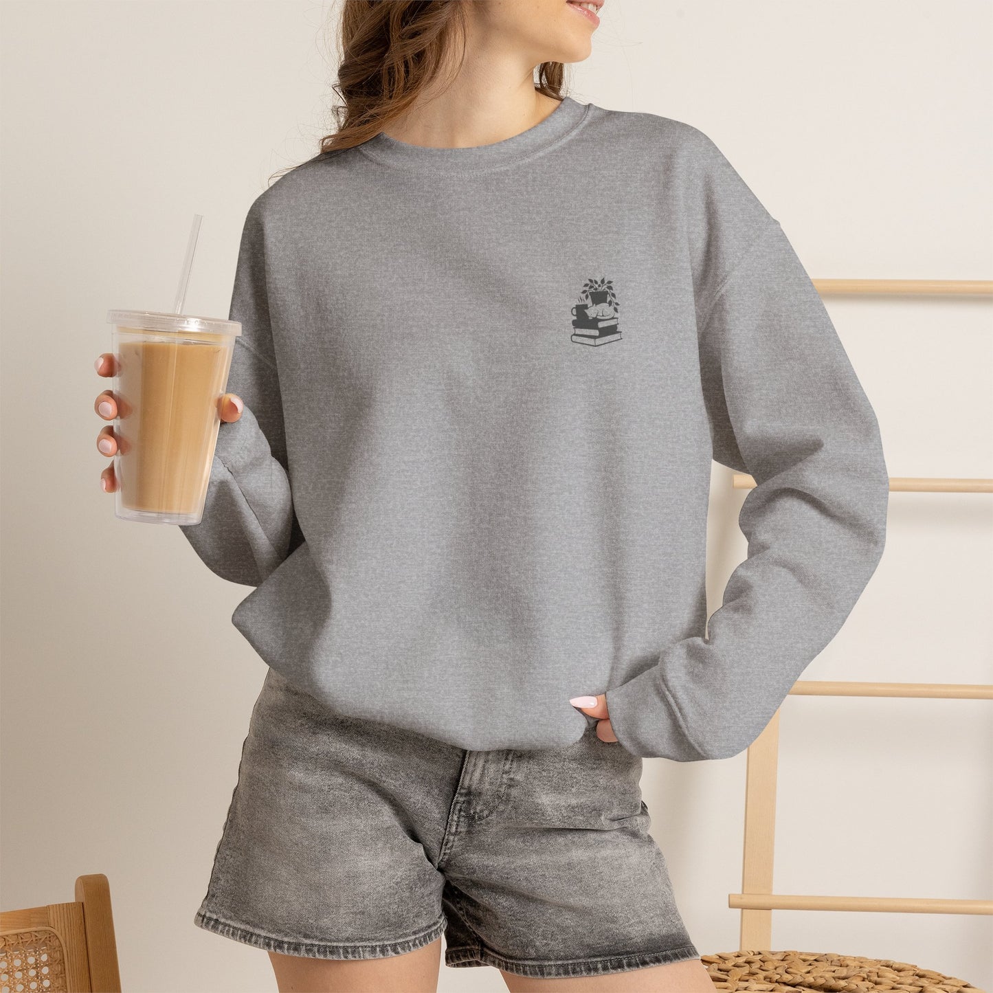 Stack of Books with Mug and Plant Sweatshirt | Cozy Reading Crewneck