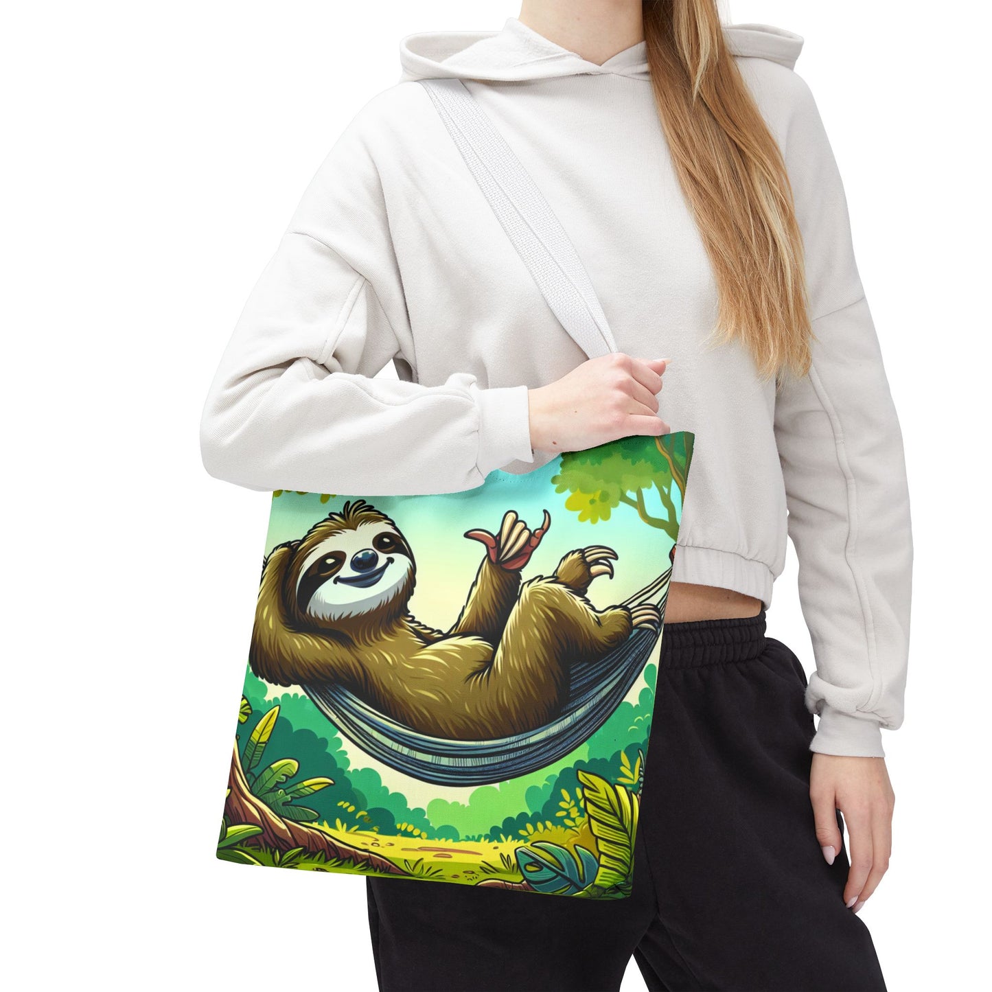 Cute eco-friendly sloth tote bag by Printify featuring a charming animal design, perfect for animal lovers.
