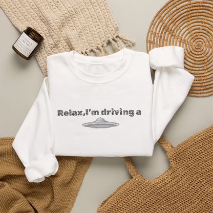 Relaxing UFO Driving Sweatshirt, Funny Gift for UFO Lovers, Unisex Crewneck Pullover, Casual Wear, Space Enthusiast Apparel