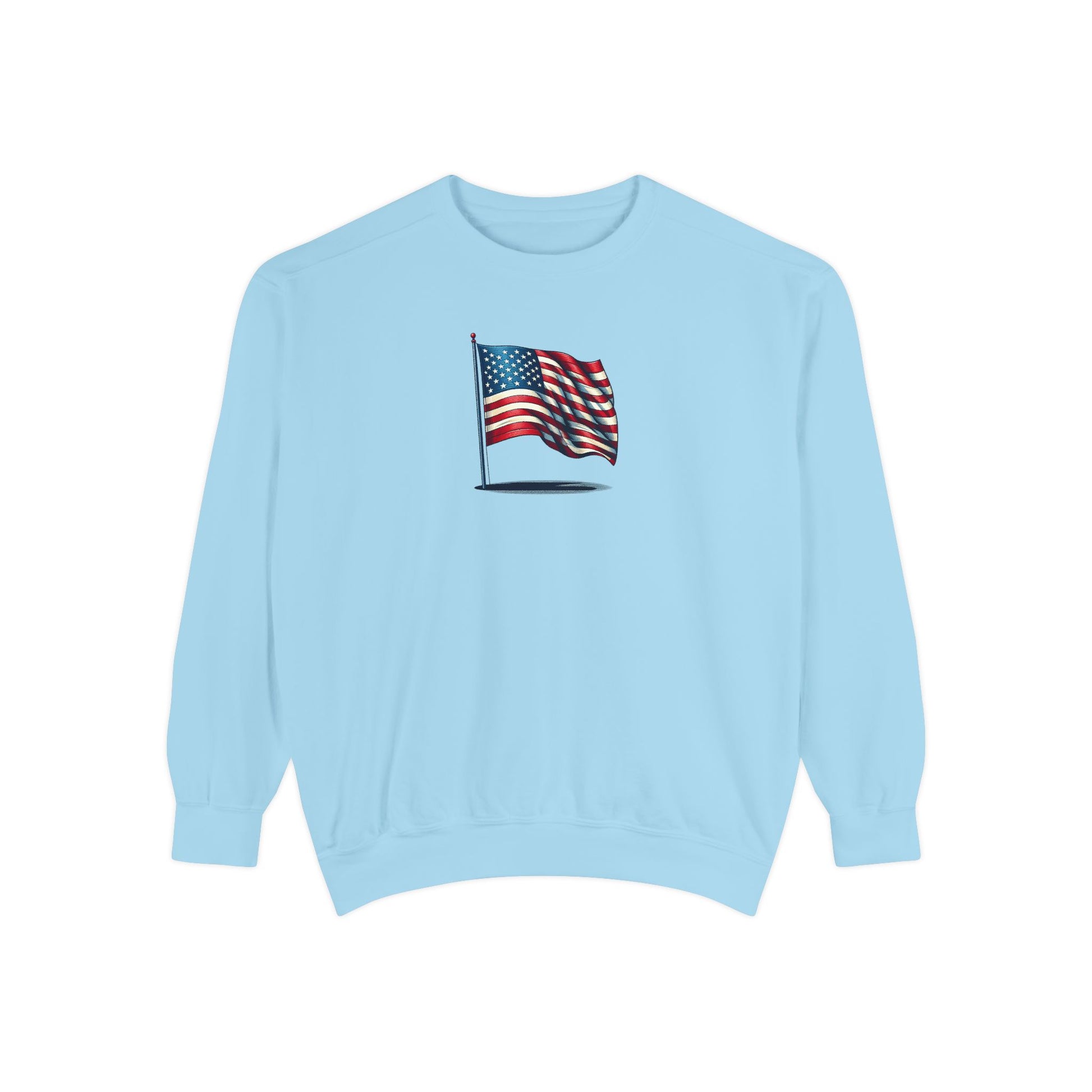 Patriotic Unisex Garment-Dyed Sweatshirt with Vintage American Flag, Cozy Fall Outfit, Statement Sweater, Gift for Veterans, Casual Fashion - TRV