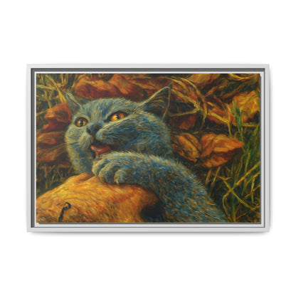 Blue cat canvas print featuring whimsical wall art design, perfect for cat lovers, by Printify.