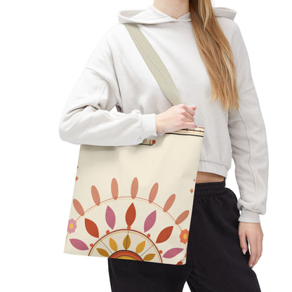 Boho floral mandala tote bag by Printify featuring a pastel sunburst pattern and vibrant floral design, perfect for casual carry.