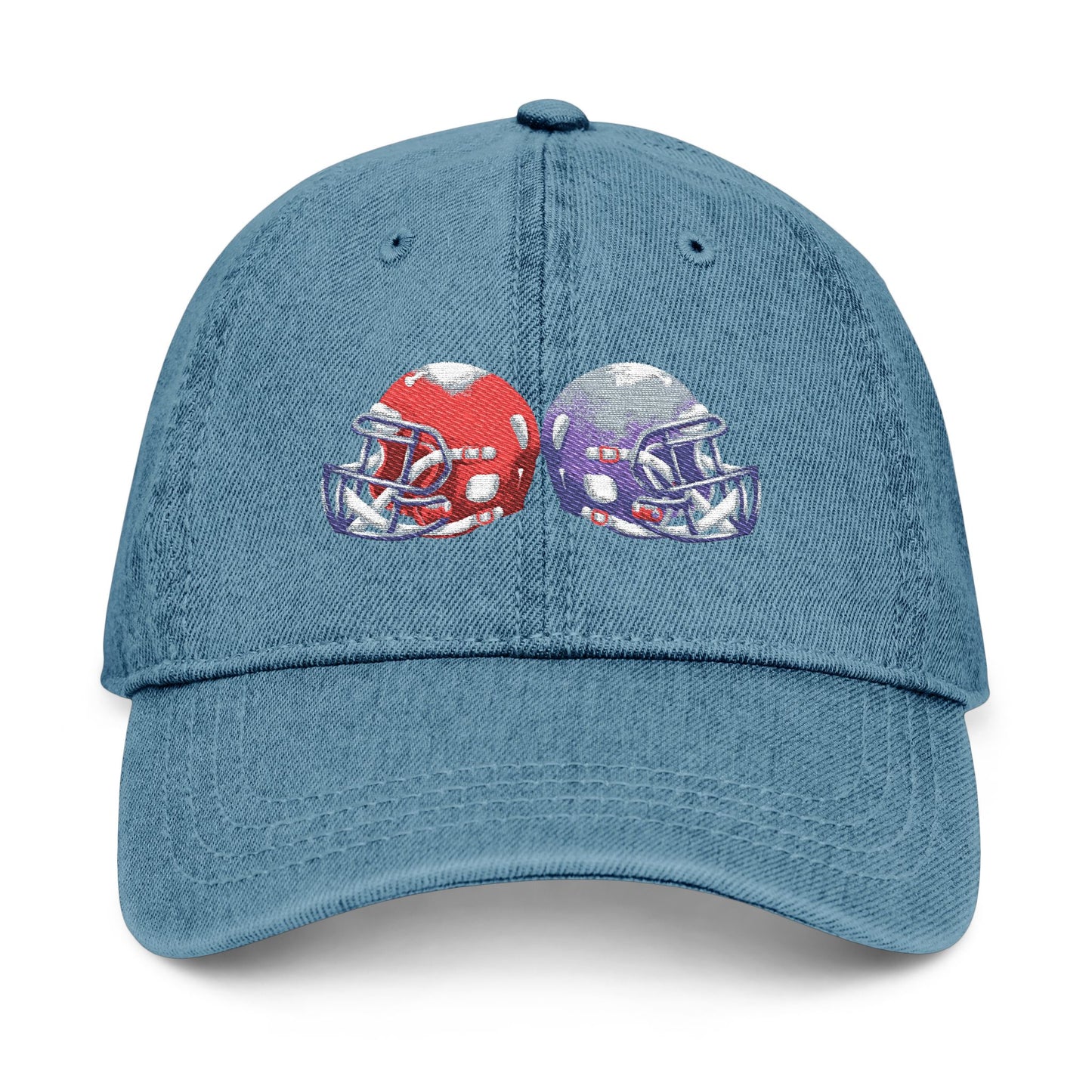 Red and blue embroidered football helmets denim hat, casual team cap featuring detailed stitching and adjustable fit.