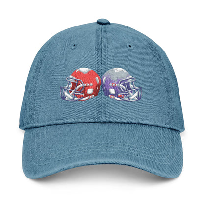 Red and blue embroidered football helmets denim hat, casual team cap featuring detailed stitching and adjustable fit.