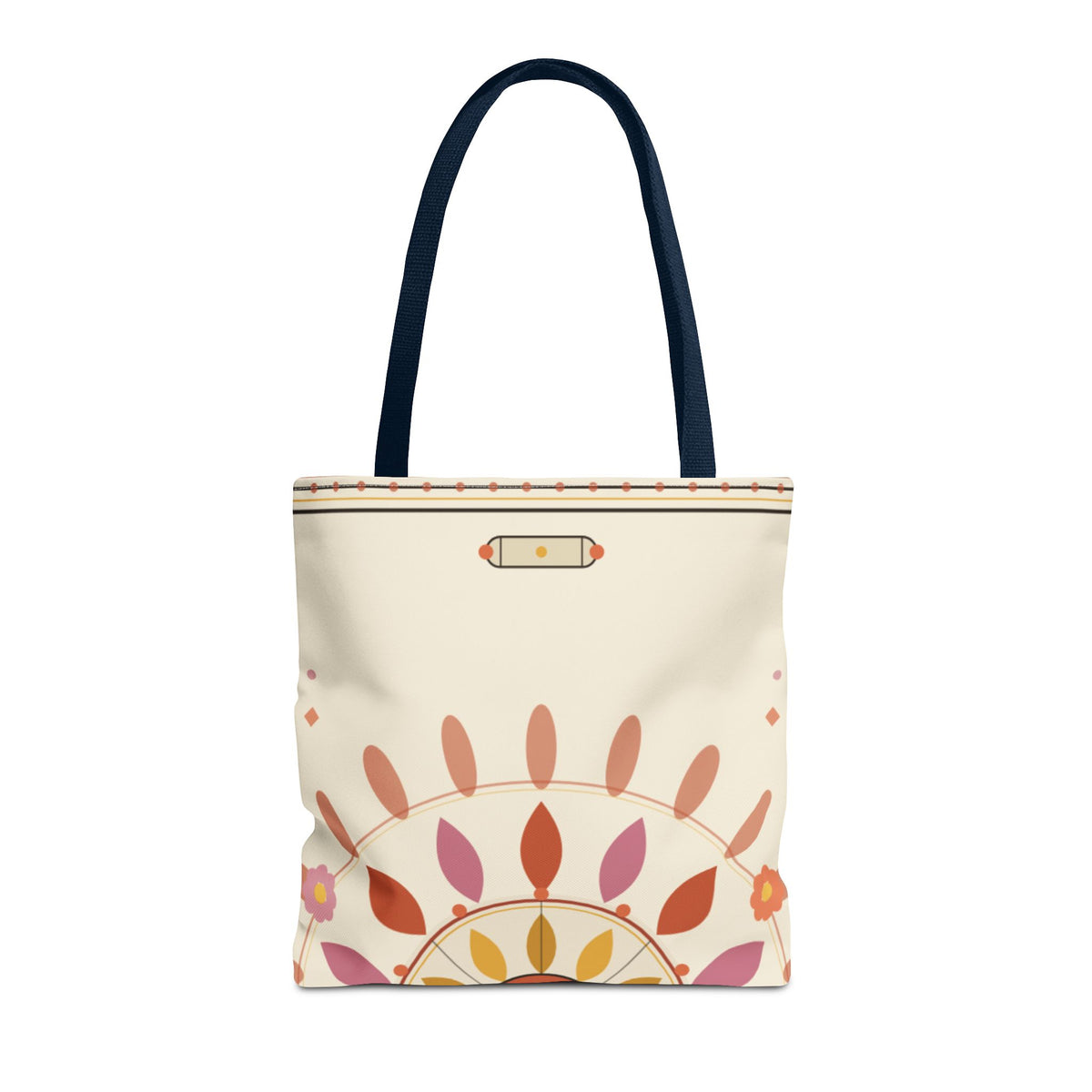 Boho floral mandala tote bag with pastel sunburst pattern, featuring vibrant bohemian design and sturdy fabric.