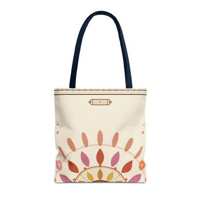 Boho floral mandala tote bag with pastel sunburst pattern, featuring vibrant bohemian design and sturdy fabric.