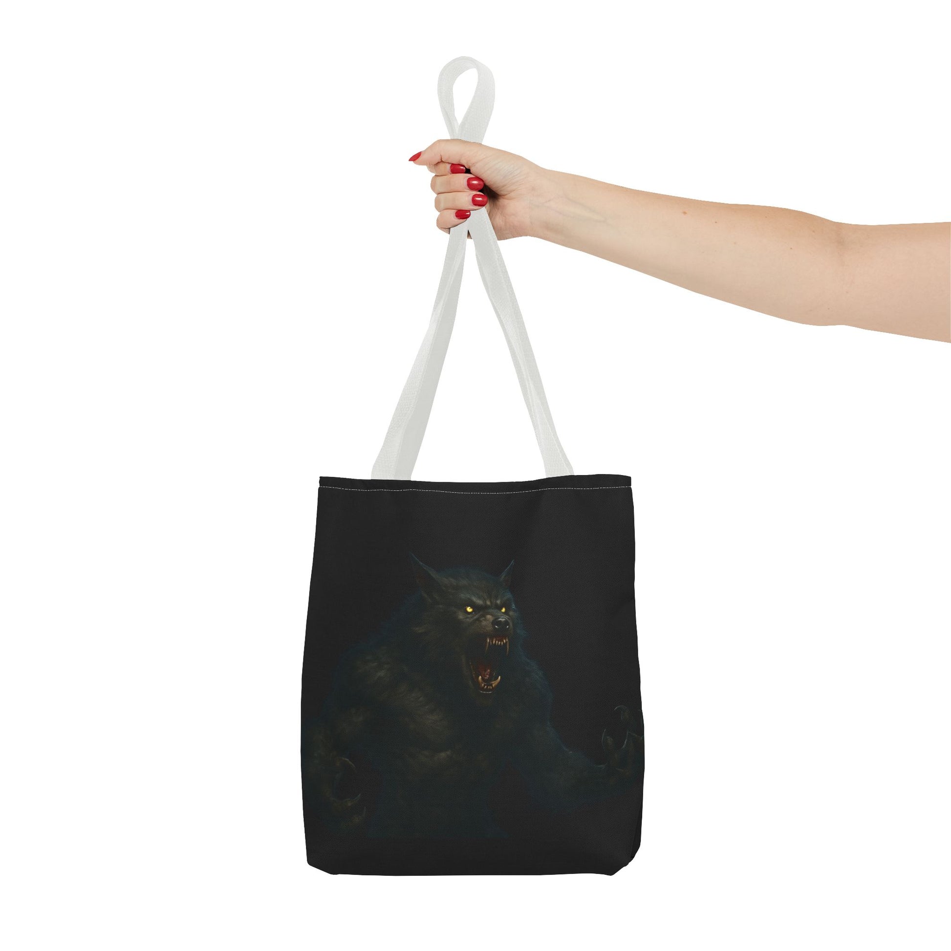 Werewolf tote bag featuring dark Halloween art, ideal gift for horror fans, made by Printify, showing the spooky design on the bag.