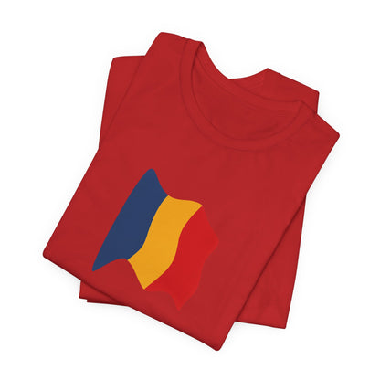 Romania Flag T-Shirt by Printify featuring a minimal waving tricolor design on a casual tee.