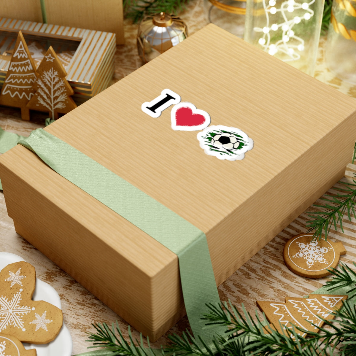 Soccer Kiss-Cut Stickers by Printify featuring football fan decals for laptops, water bottles, and gear on paper product sheet.