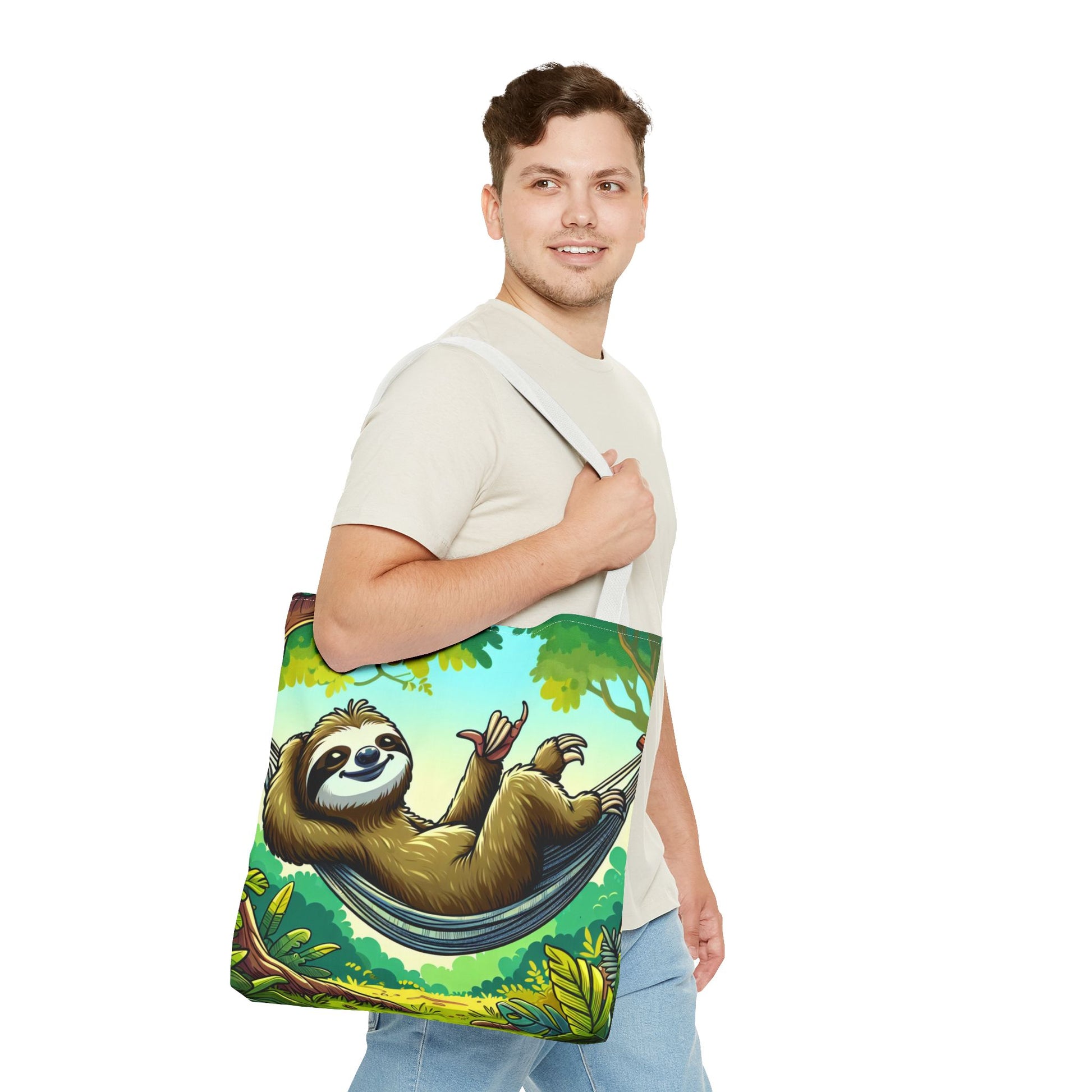 Eco-friendly sloth tote bag featuring a cute sloth design, perfect for animal lovers and casual outings.