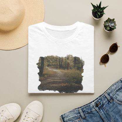 Vintage forest landscape T-shirt by Printify featuring a nature pathway scene on soft fabric.