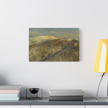 Winter mountain landscape matte canvas print by Printify, stretched 1.25 inches, featuring snowy mountains and winter scenery.