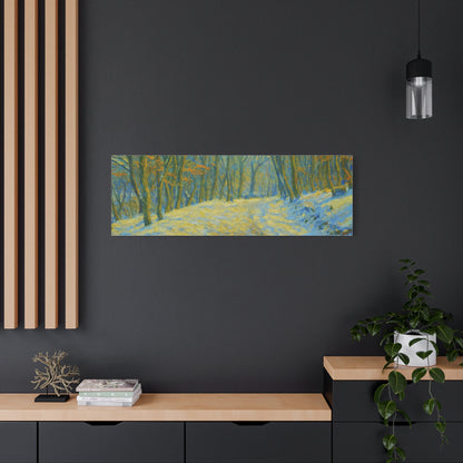 Winter landscape canvas wall art by Printify featuring a cozy nature scene, perfect for living room decor.