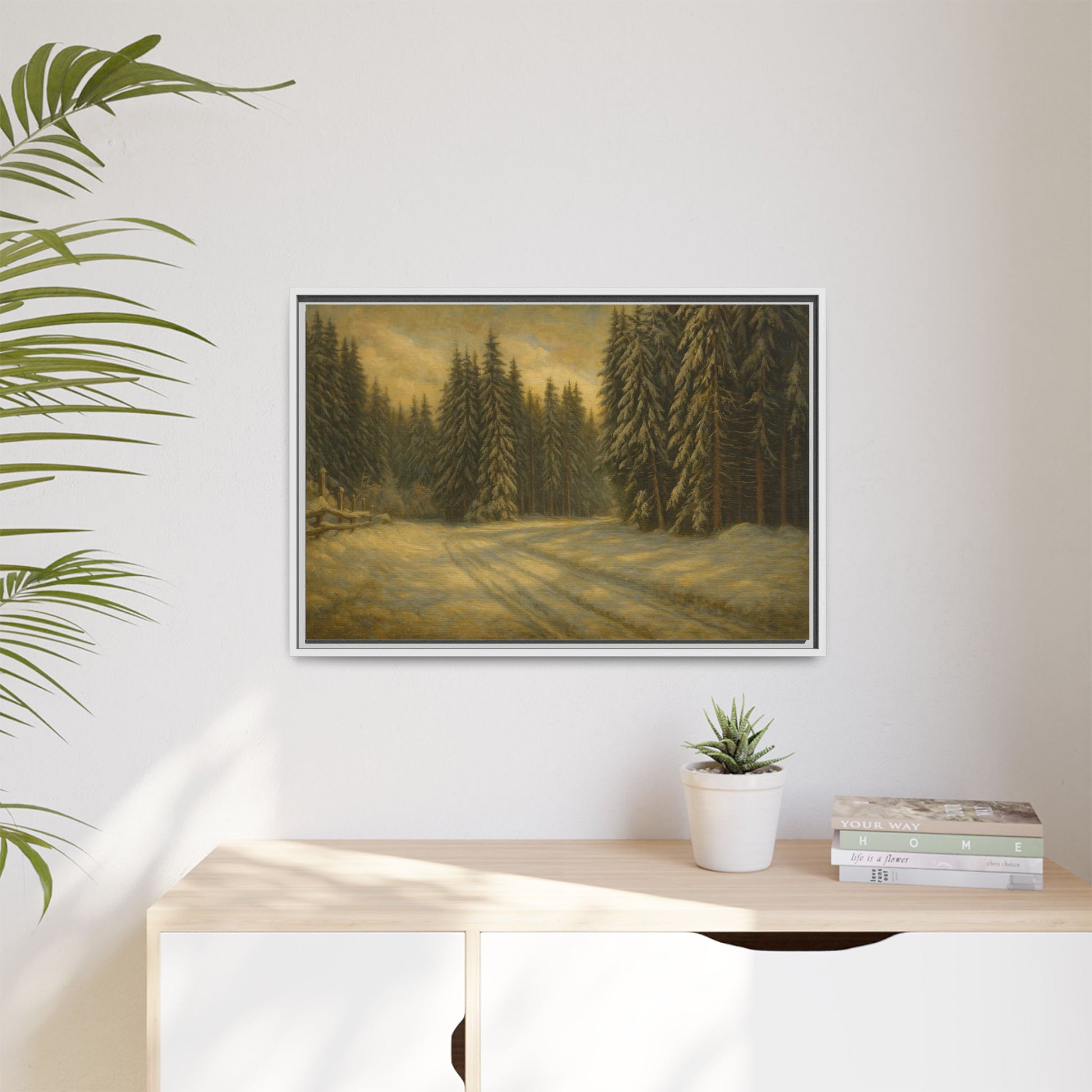 Framed matte canvas wall art featuring a winter forest landscape with trees and snow, by Printify.