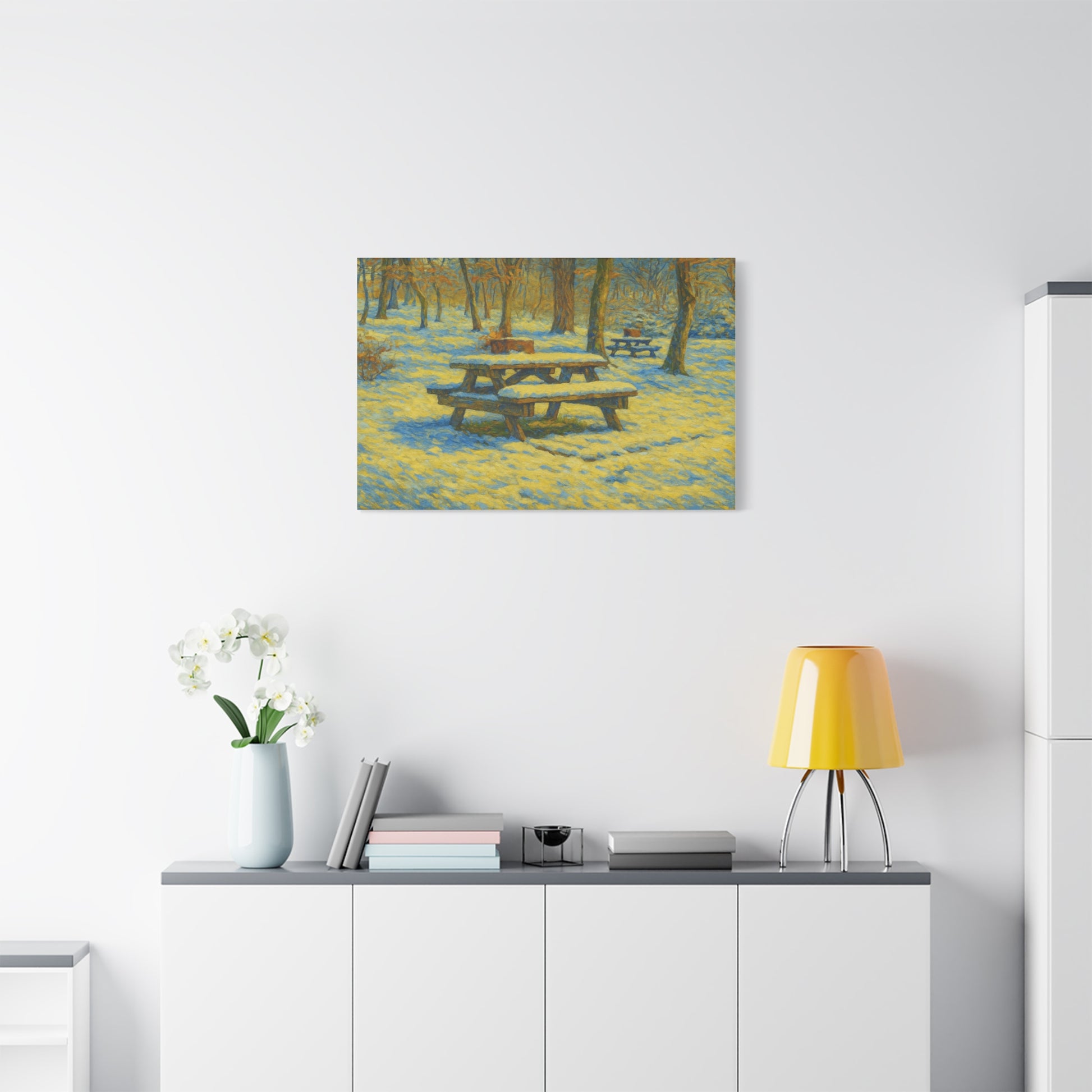 Winter picnic canvas print by Printify featuring a snow-covered park bench in a serene winter scene.