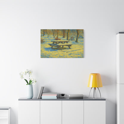 Winter picnic canvas print by Printify featuring a snow-covered park bench in a serene winter scene.