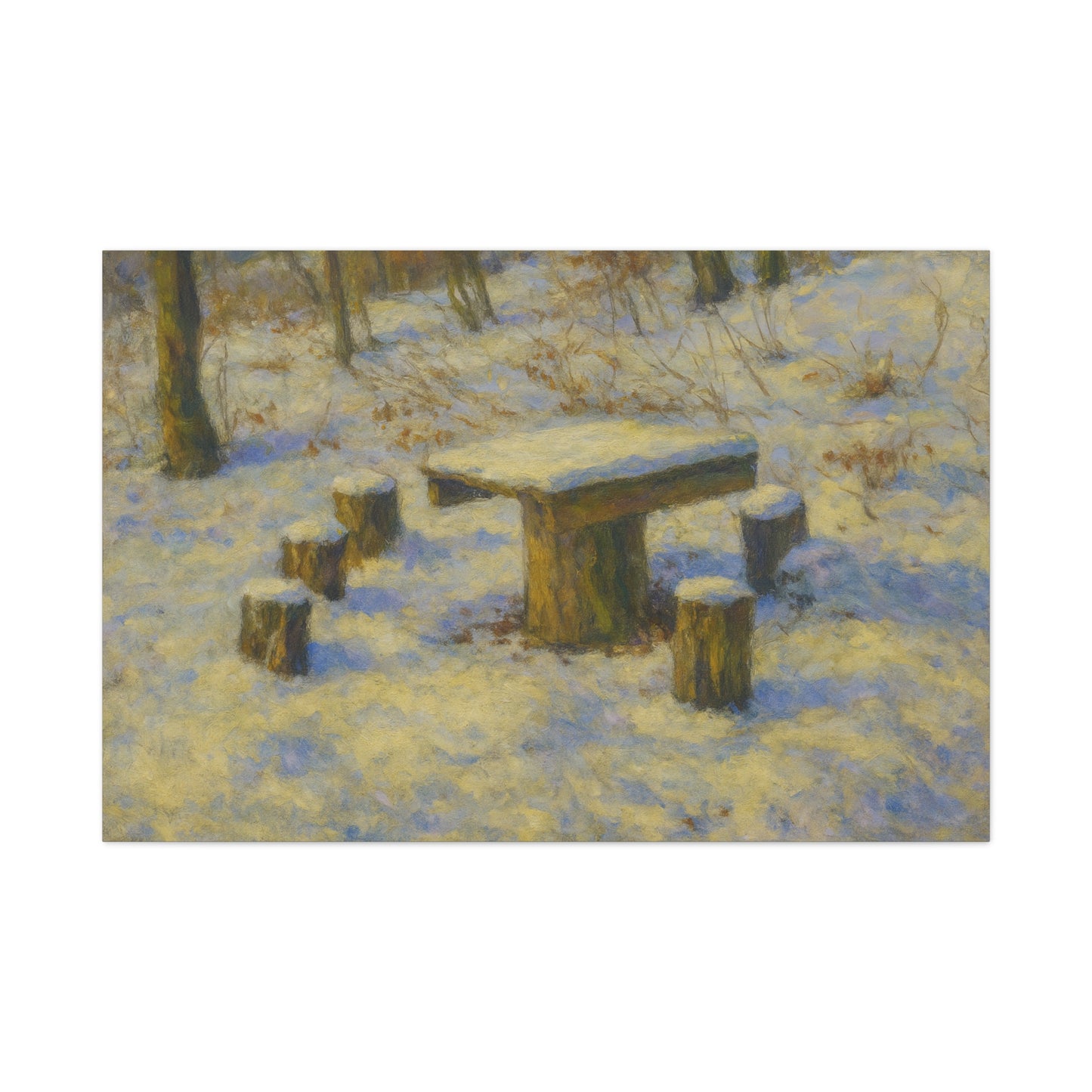 Snowy forest winter landscape canvas wall art by Printify, matte stretched print featuring a peaceful snow-covered forest scene