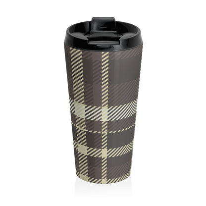 Neutral plaid 15oz insulated stainless steel travel mug - view 3