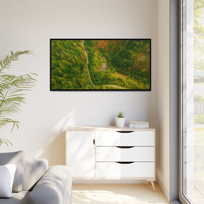 Colorful framed matte canvas wall art featuring an aerial forest path landscape by Printify.