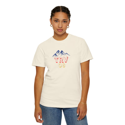Unisex garment-dyed T-shirt with TRV08 logo print, casual fit, soft fabric, and stylish design by Printify.