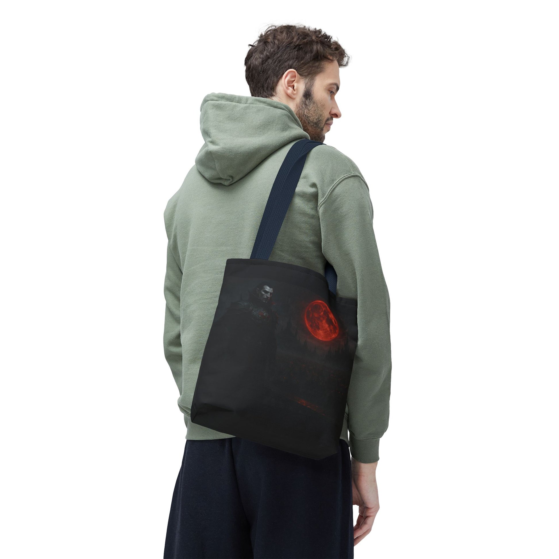 Gothic Dracula tote bag with moonlit vampire art, featuring a dark, spooky Halloween design, made by Printify.