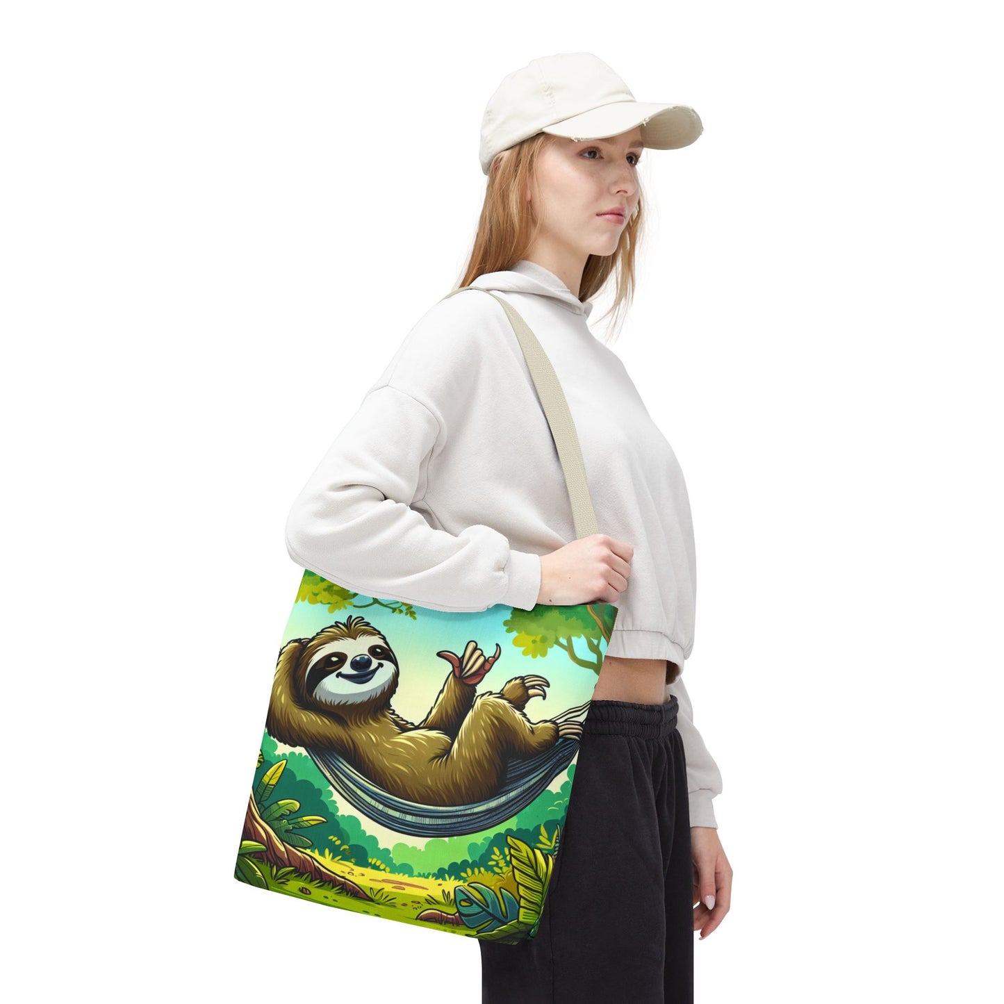 Cute eco-friendly sloth tote bag with animal print, made by Printify, perfect for carrying essentials in style.