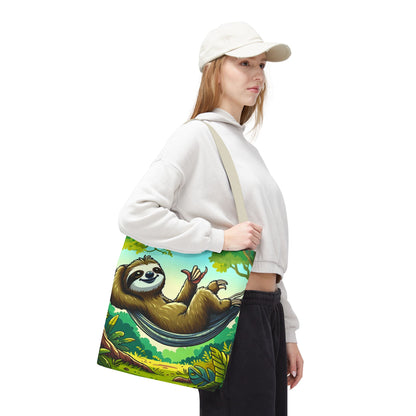 Cute eco-friendly sloth tote bag with animal print, made by Printify, perfect for carrying essentials in style.