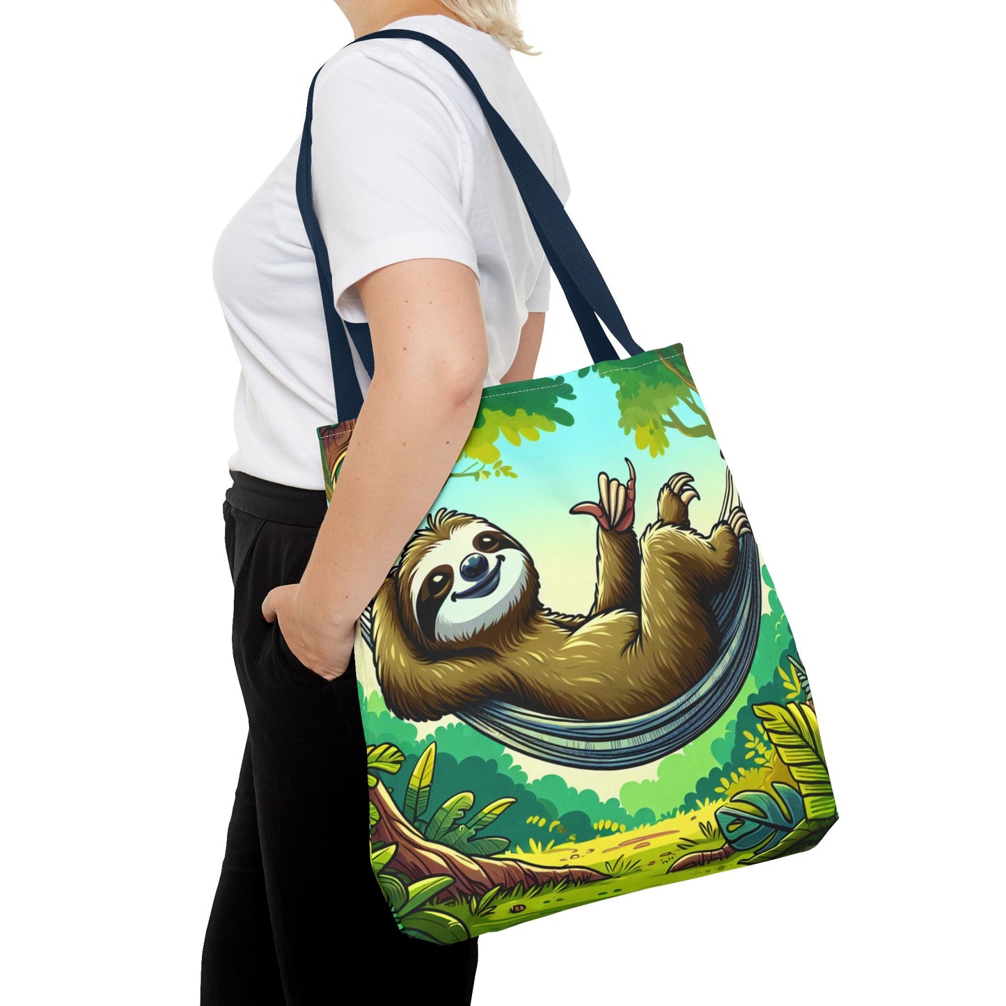 Eco-friendly sloth tote bag by Printify, featuring a cute sloth design, perfect for animal lovers and casual outings.
