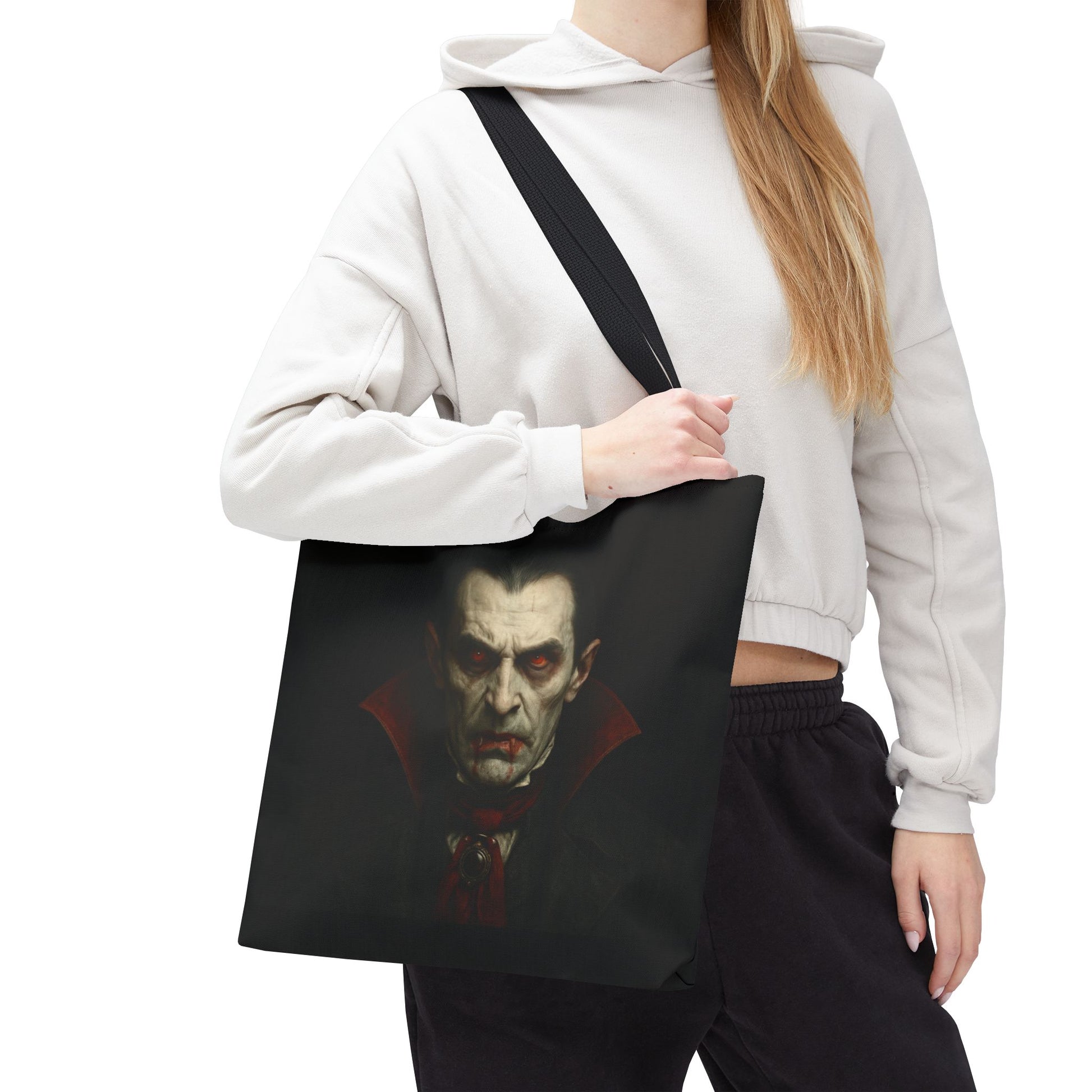 Black vampire tote bag with spooky gothic Halloween design, featuring vampire and moon illustrations, perfect for Halloween accessories.