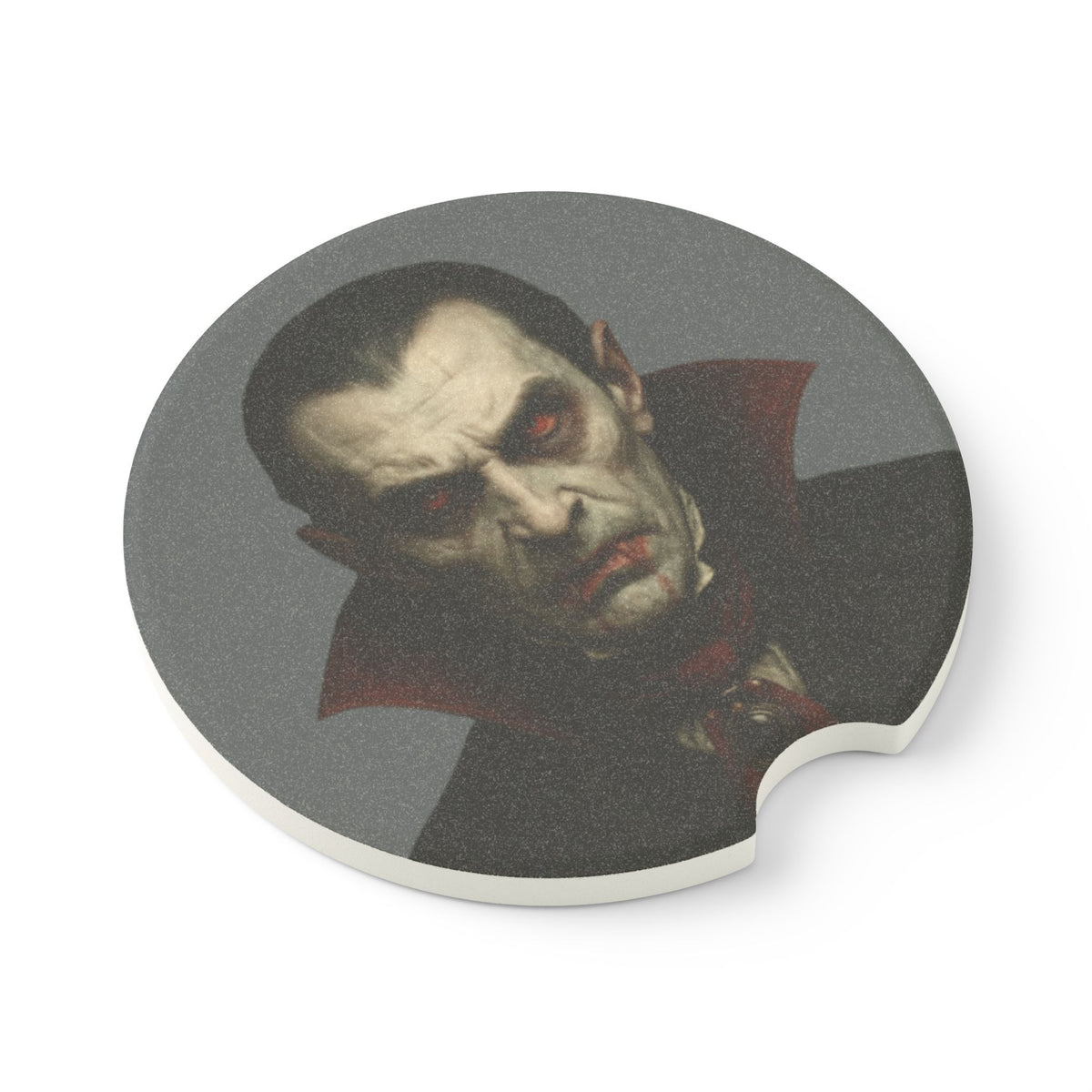 Soapstone Vampire Dracula car coaster featuring a detailed vampire design, designed to hold drinks securely in your vehicle.